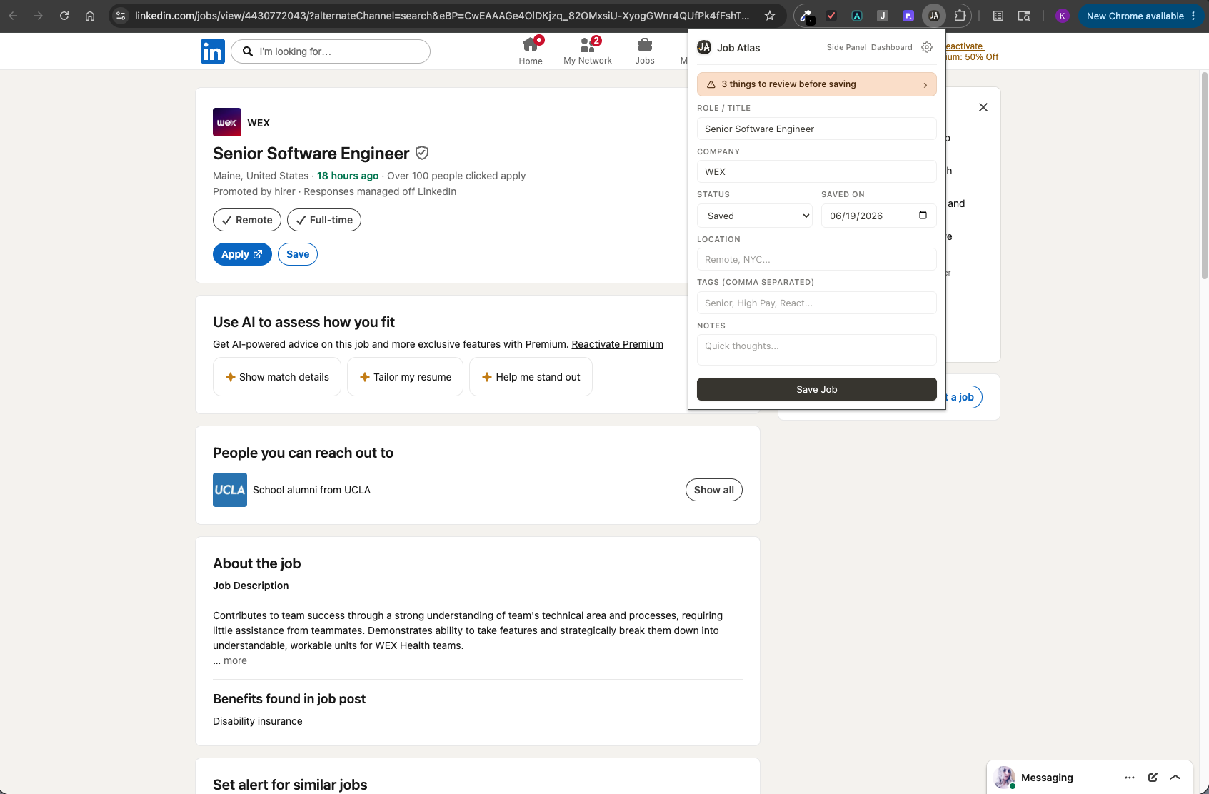 Capturing a LinkedIn job posting into Job Atlas with pre-filled fields