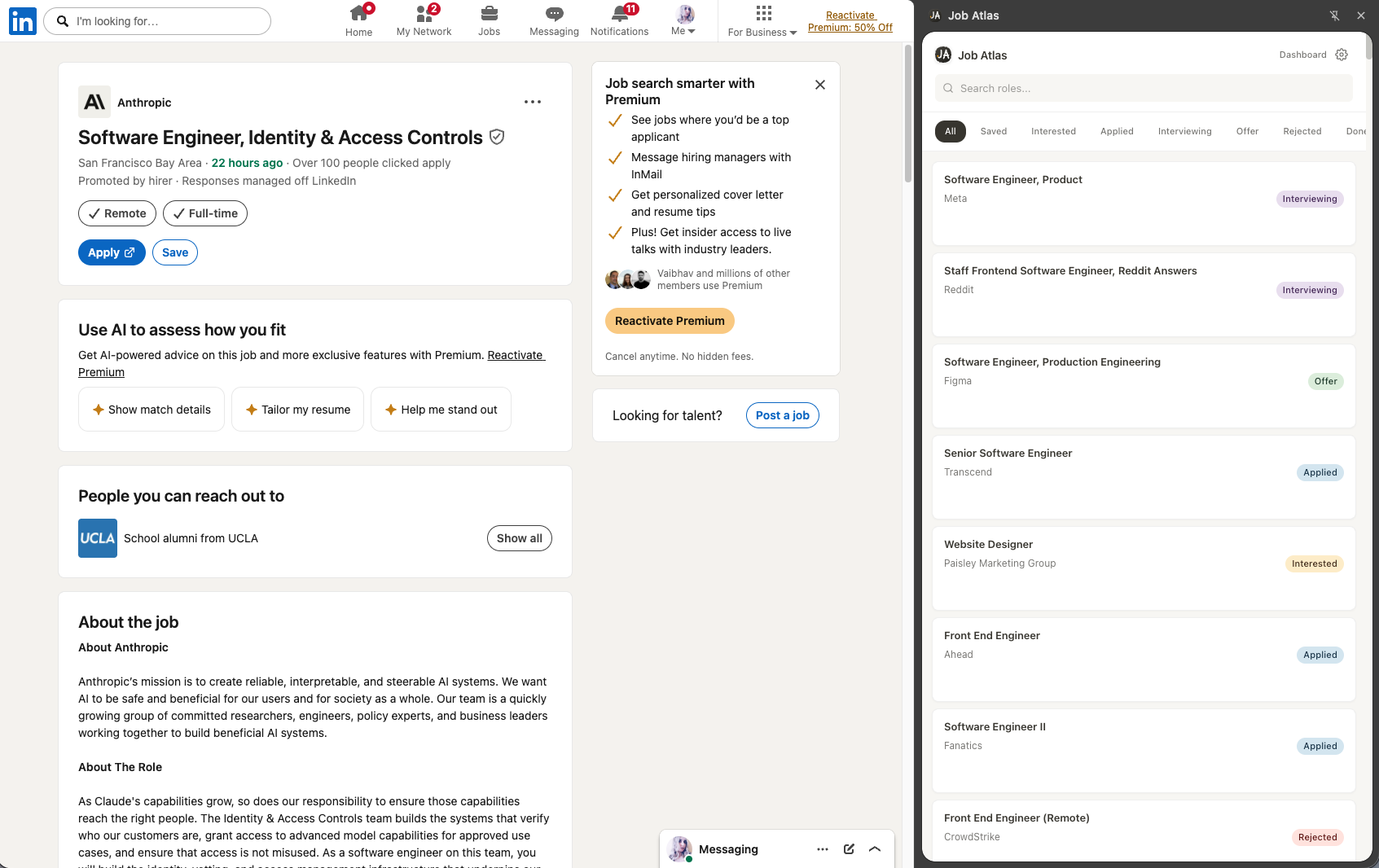 Job Atlas side panel open alongside a LinkedIn job posting