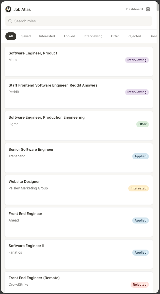 Job Atlas side panel list with status filters