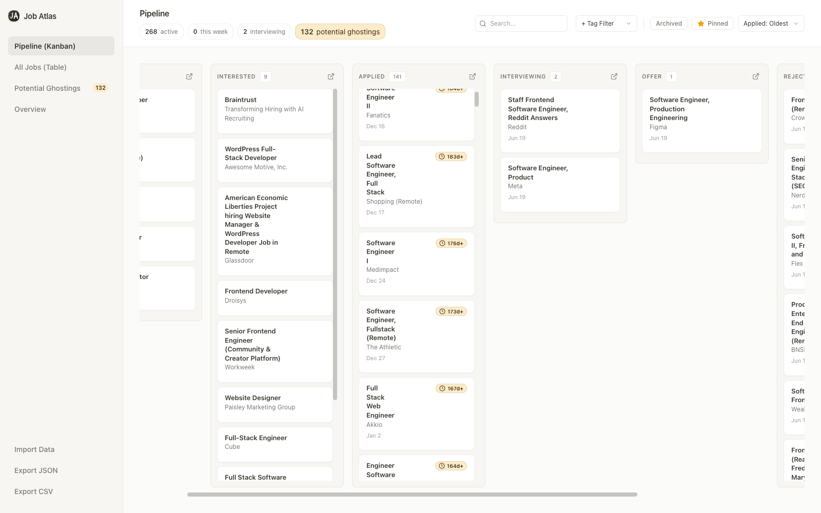 Job Atlas kanban pipeline with status columns and job cards