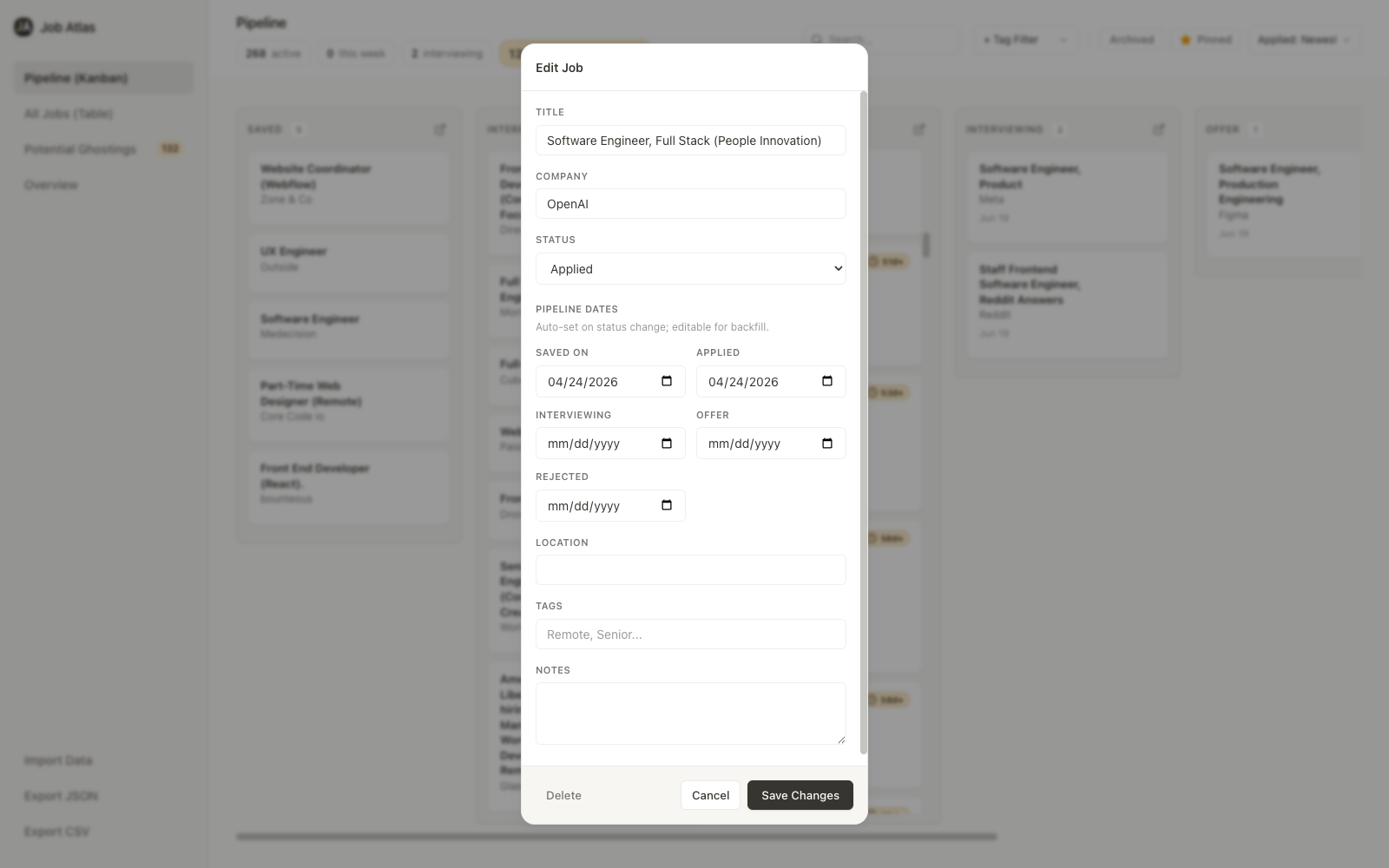 Edit job drawer with pipeline milestone date fields