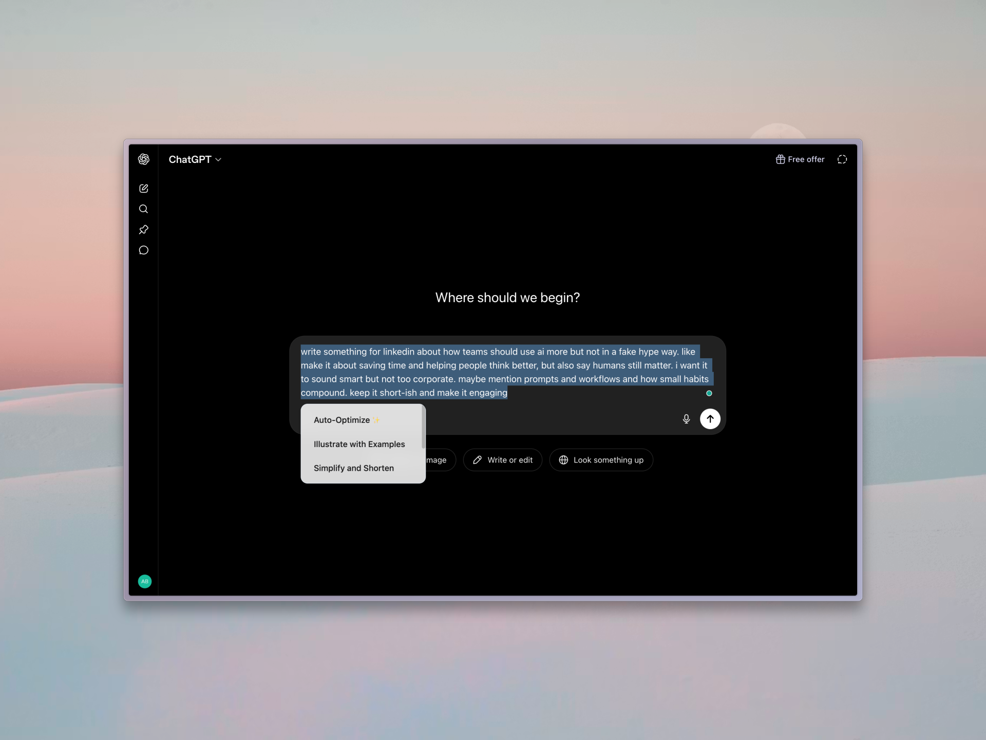 Floating toolbar with suggestion pills on a selected text field
