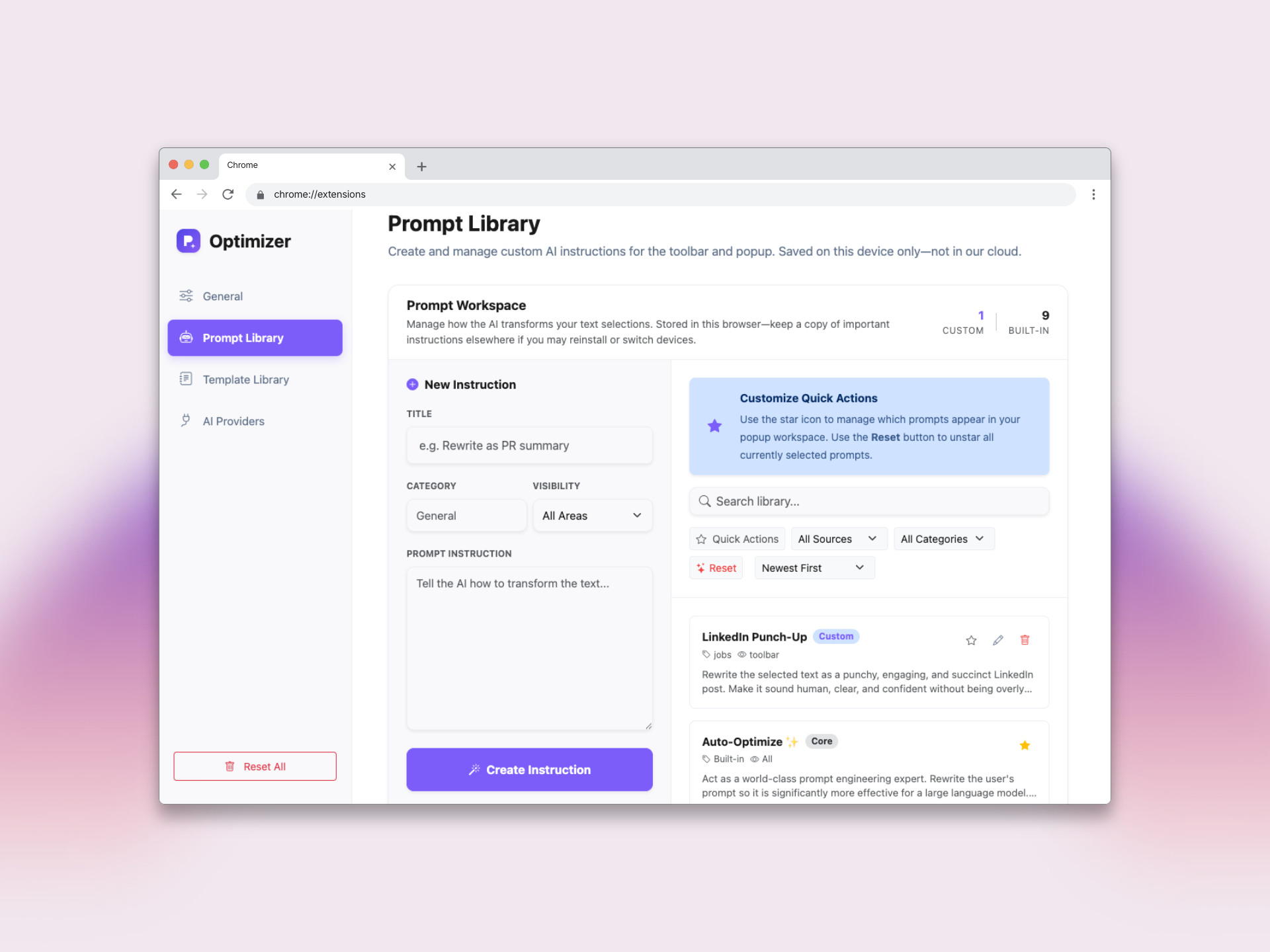 Options page showing prompt and text template libraries