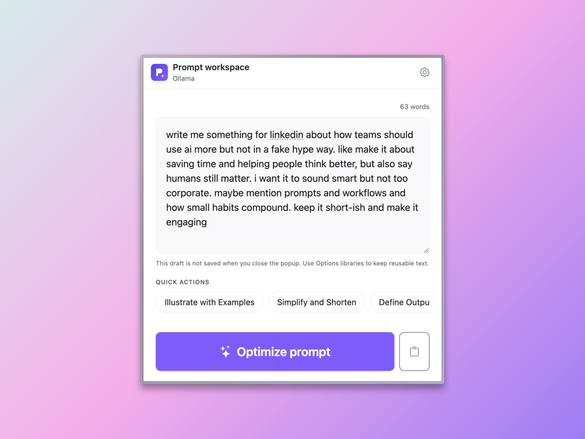 Prompt Optimizer popup workspace with suggestion pills and template library