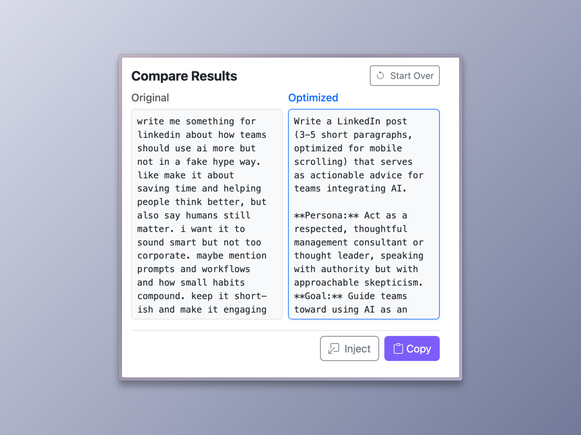 Side-by-side preview of original and optimized prompt text